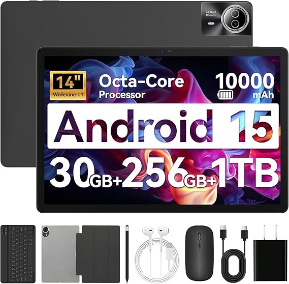 Android 15 14inch Large Tablet, 30GB+256GB,1920×1200 IPS 10000mAh WiFi 5G 8-Core