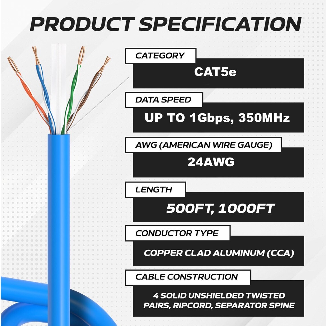 CAT5e UTP 500ft Black Network Ethernet Cable 24AWG CCA Bulk Solid Wire Pull Box