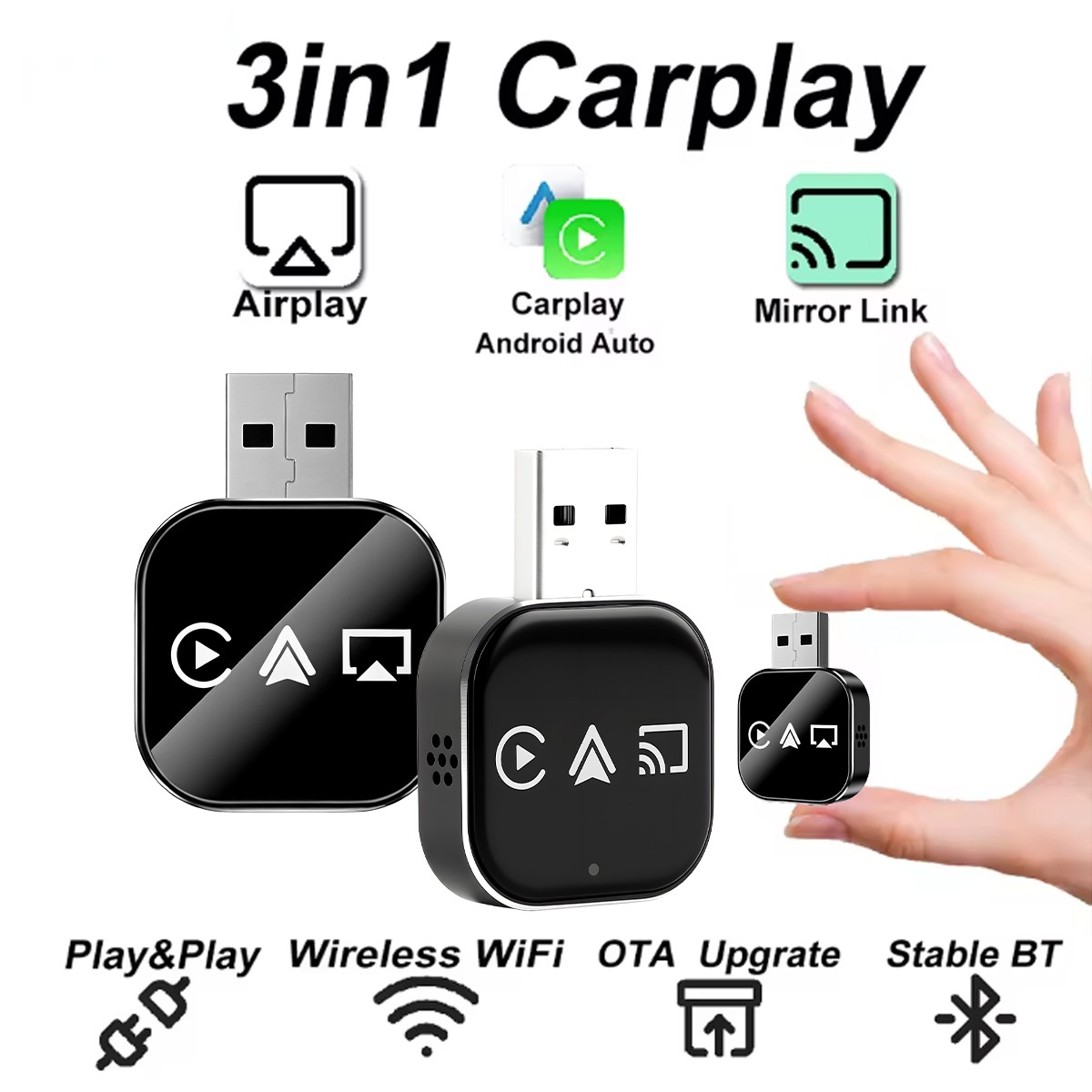 2026 Mini Carplay Adapter 3IN1 Wireless Carplay & Android Auto & Mirror Link