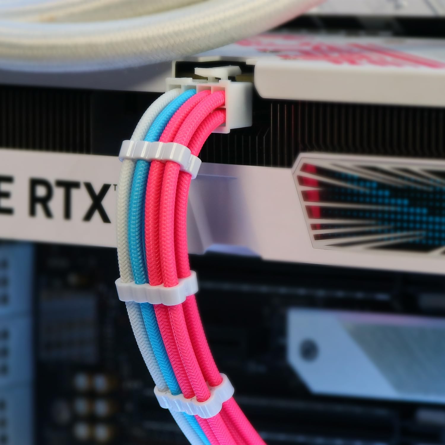 Pink/Blue/White 30cm Sleeved PSU Cable Extension Kit 16AWG with Pre-Bent Design
