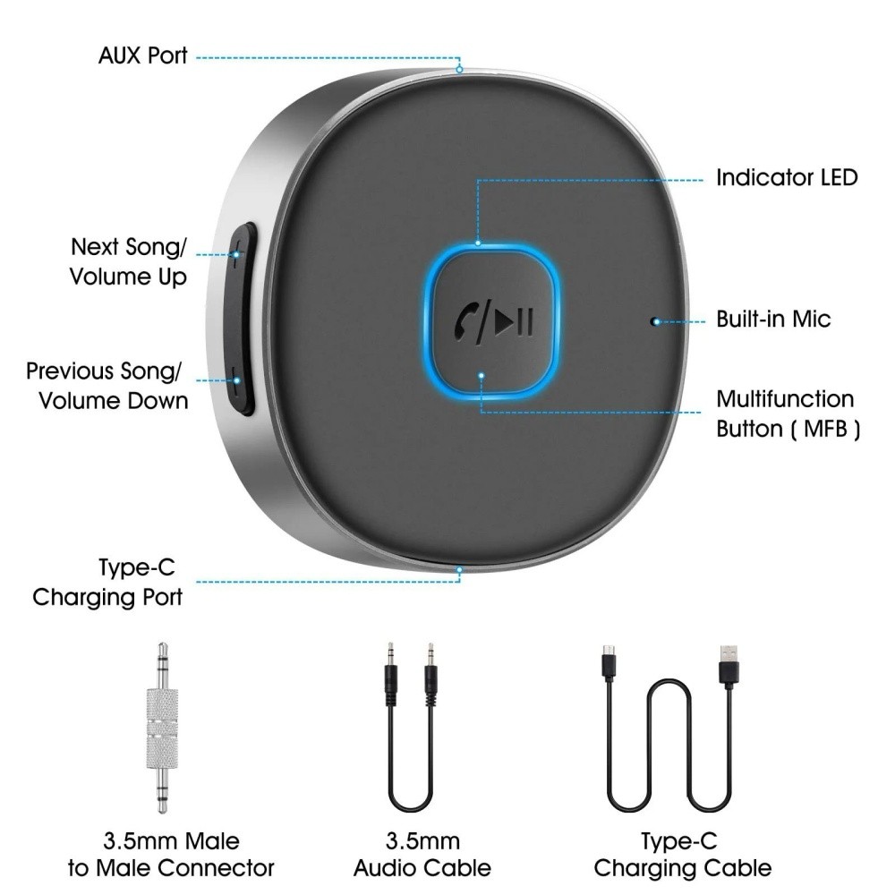 Portable 3.5mm Aux Car Adapter Bluetooth Wireless Audio Receiver Car/Home Stereo