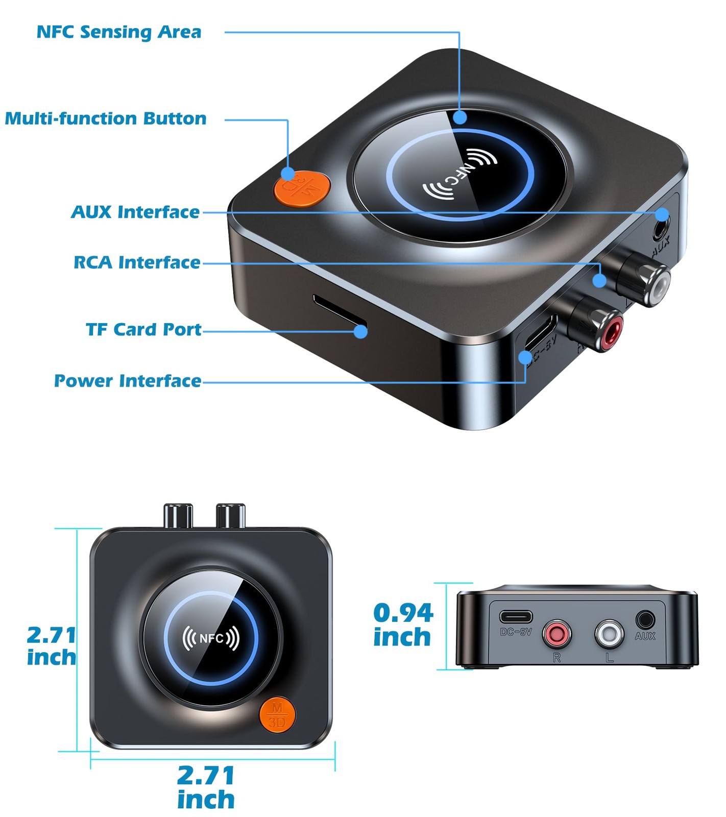 Bluetooth Receiver for Home Stereo, AUX RCA Adapter, NFC, 33ft Range