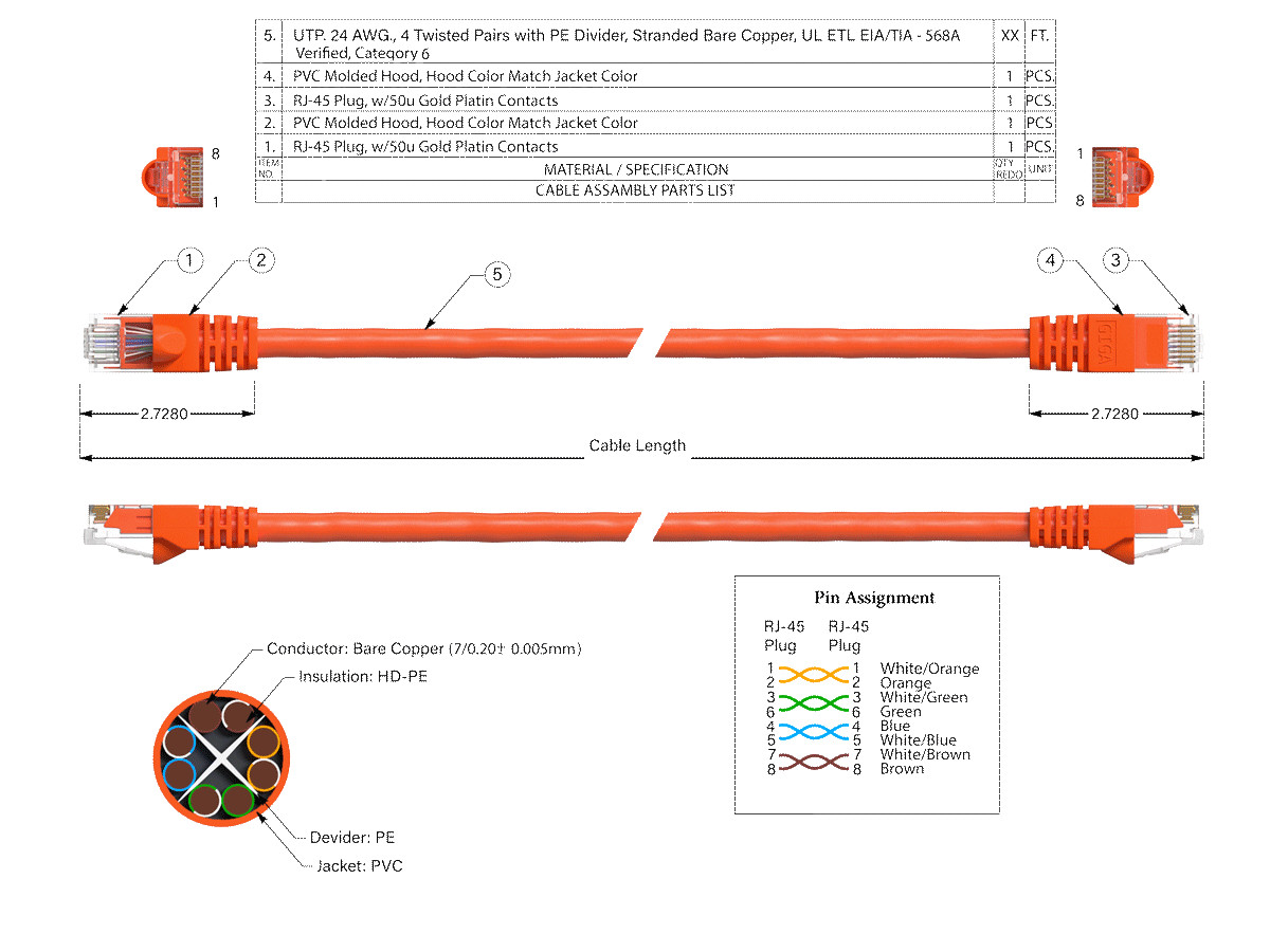 7ft Cat6 UTP Ethernet Network Patch Cable Snagless 24AWG Bare Copper, Orange