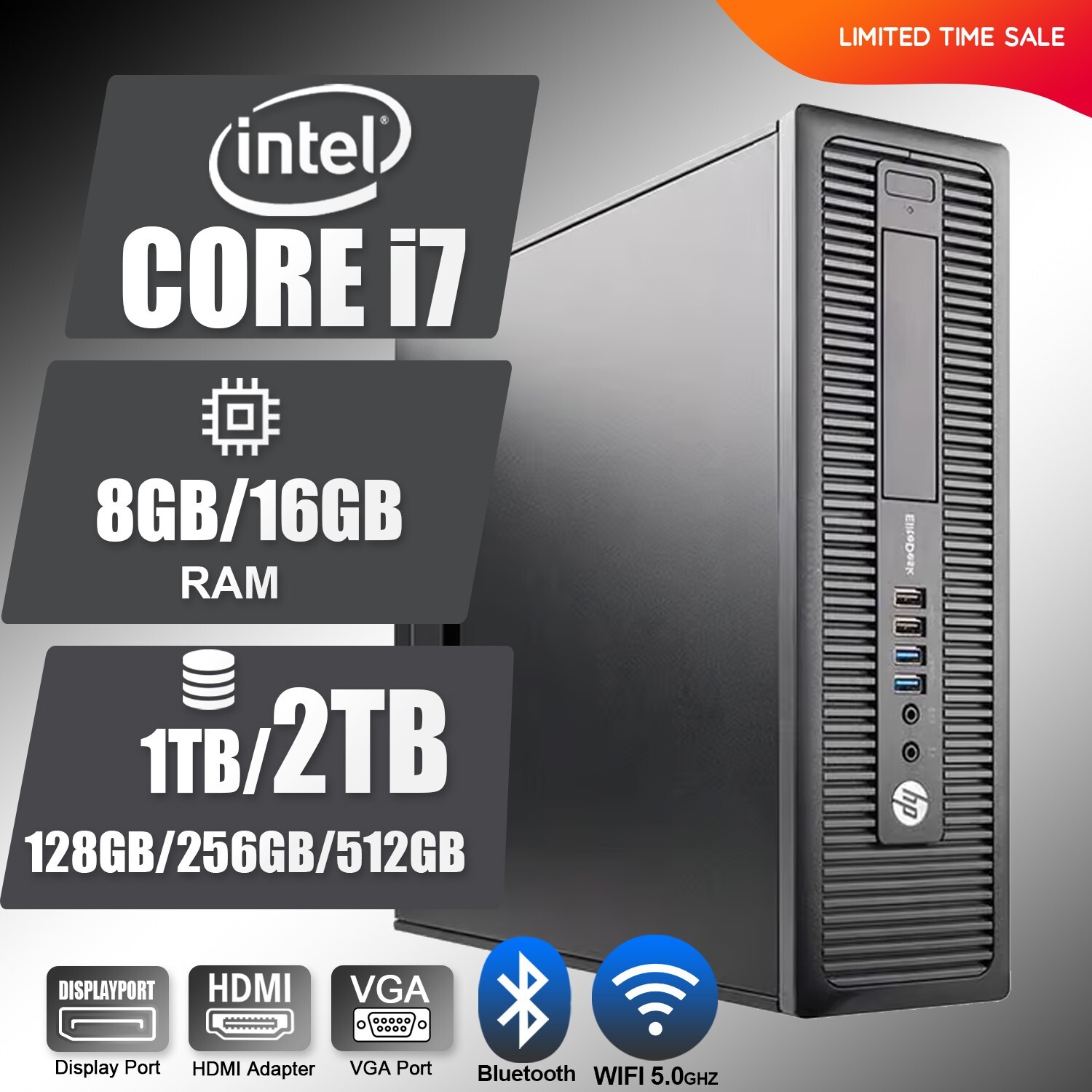 HP Desktop Computer PC i7, up to 16GB RAM 2TB SSD Windows, WiFi BT, Free AMD GPU