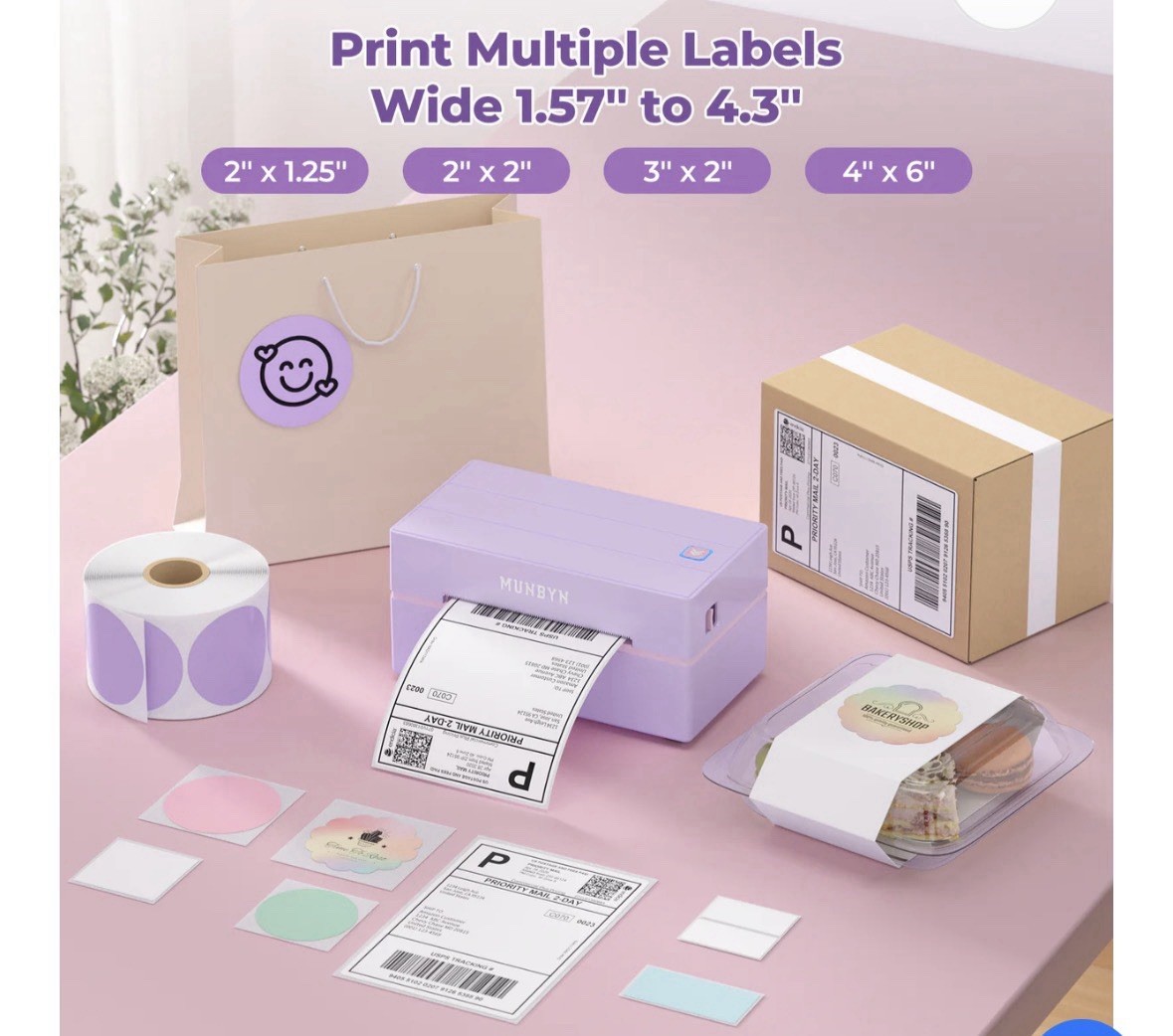 New Purple lMUNBYN RealWriter 130B Thermal Printer – Bluetooth, USB, No Ink