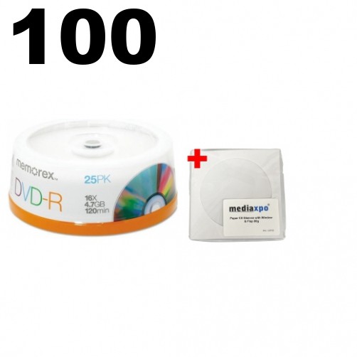 100 Memorex 16X DVD-R 4.7GB (Logo Top) & 100 Paper Sleeves