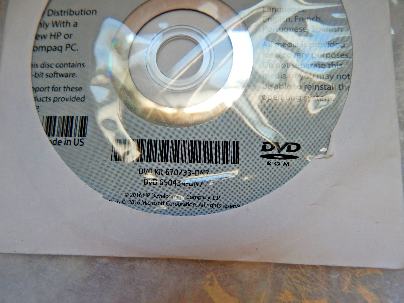 HP Operating System DVD – Windows 7 Pro SP1 64-bit 670233-DN7 No PRODUCT KEY #88