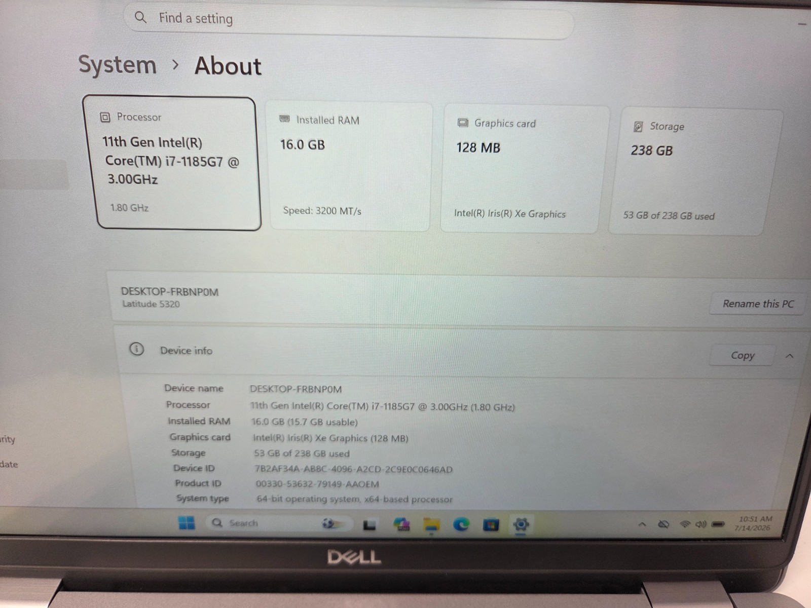 DELL LATITUDE 5320 i7-1185G7 3.00GHZ 16GB–256GB SSD WIN 11 PRO TOUCH