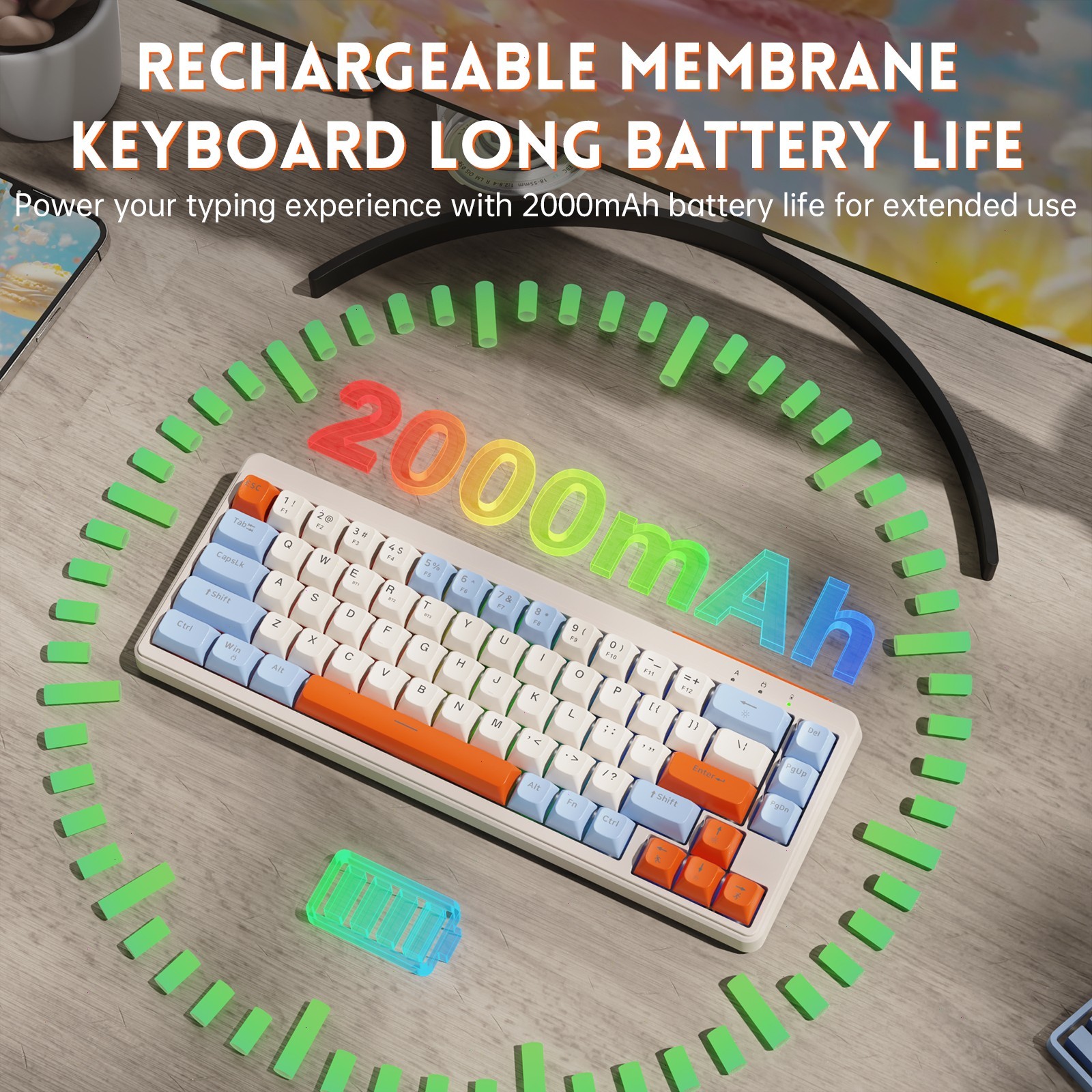 65% Wireless Membrane Gaming Keyboard Rainbow LED Backlit Silent for Win/Mac
