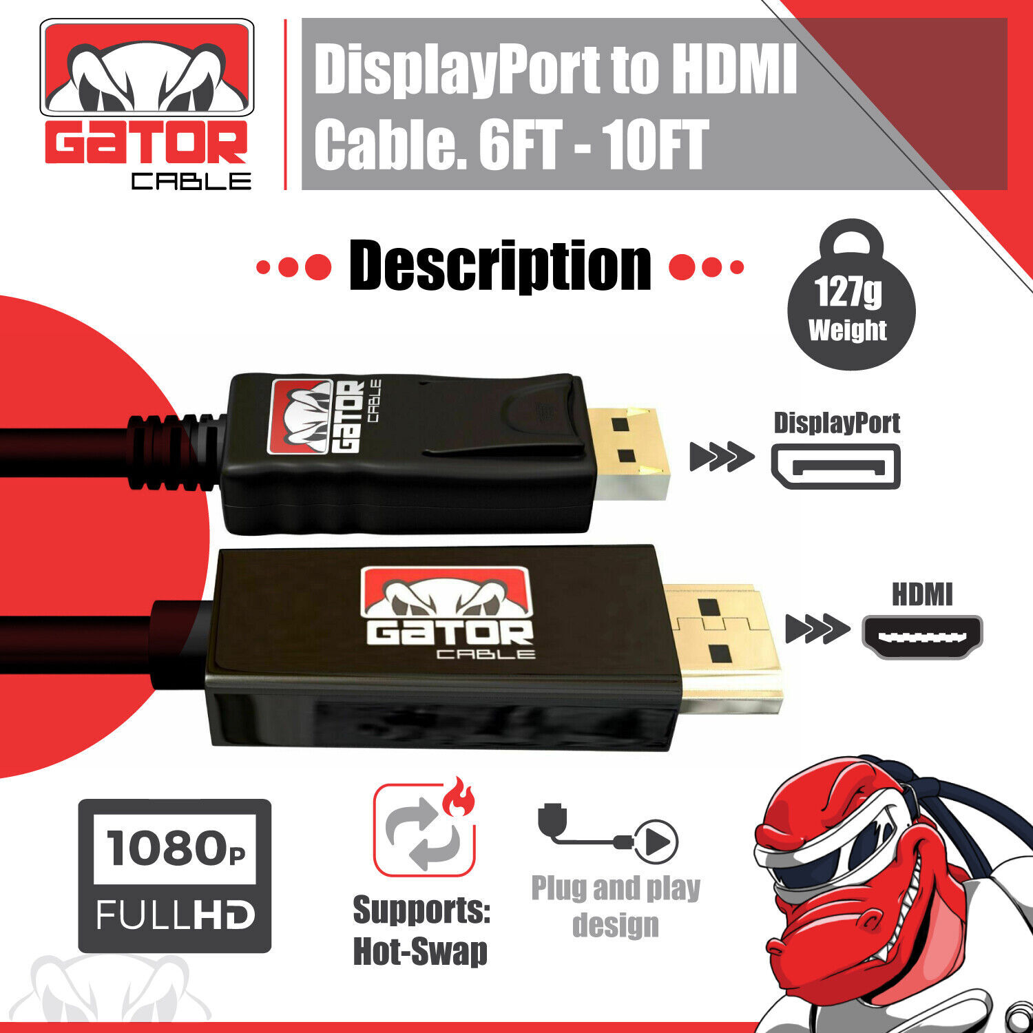 DisplayPort to HDMI Cable Adapter Converter Audio Video PC HDTV Monitor 1080P
