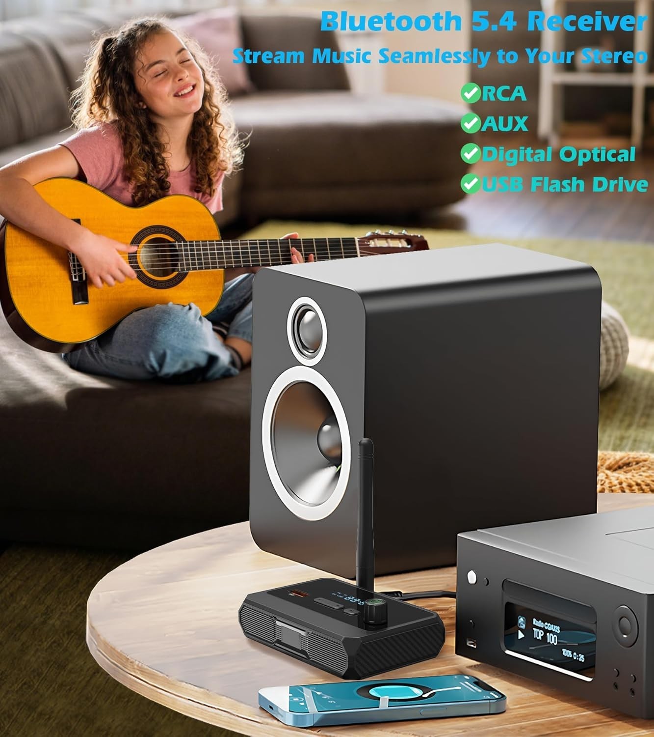 Compact Bluetooth 5.4 Receiver with Optical, RCA & AUX – Upgrade Your Home Audio