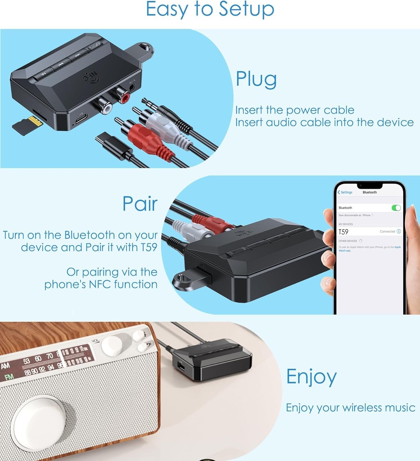 Upgrade Your Vintage Audio: NFC-Enabled Bluetooth Receiver for RCA & 3.5mm