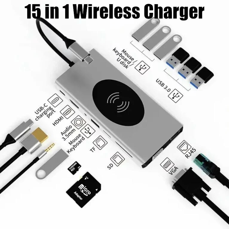 15 in 1 USB C Multiport Adapter Hub MacBook Pro Air HDMI 4K 3.0 Wireless Charger