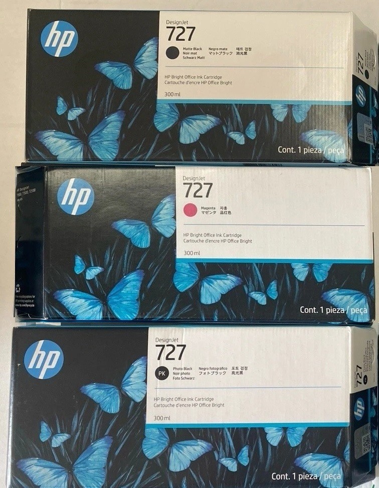3 Genuine Sealed HP 727 Matte Blk Magenta Photo Blk HIGH YIELD Inks 2020-2024