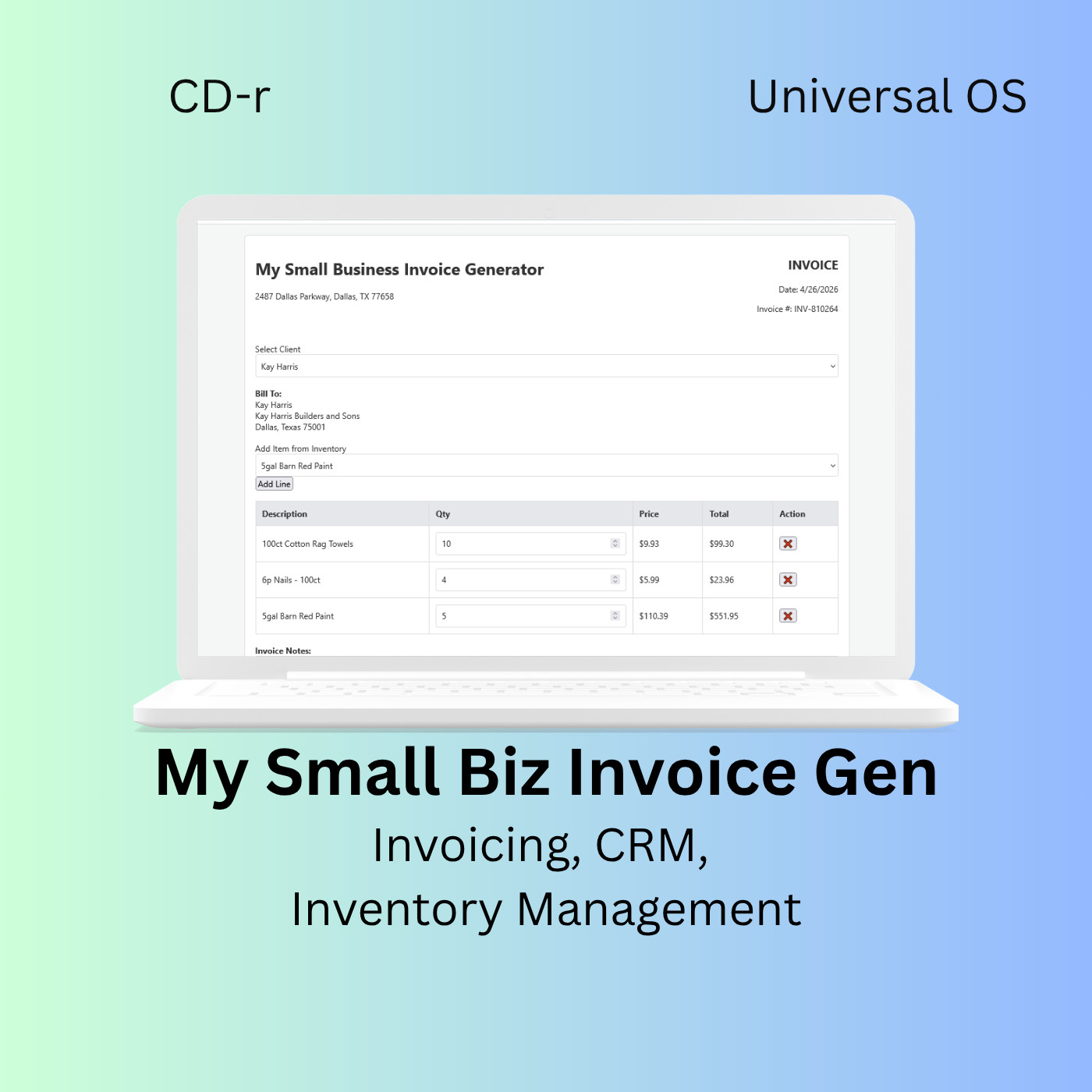 Universal O.S. – Small Business Invoice Generator, CRM and Inventory Management