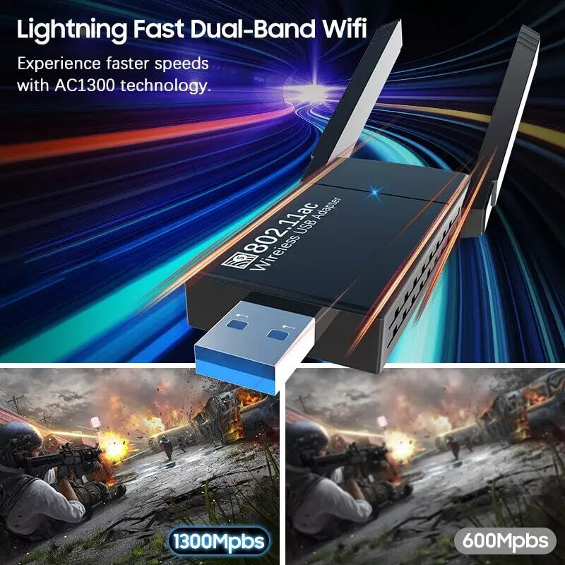 2X1 USB 3.0 Wireless WIFI Adapter 1300Mbps Long Range Dongle Dual Band Network