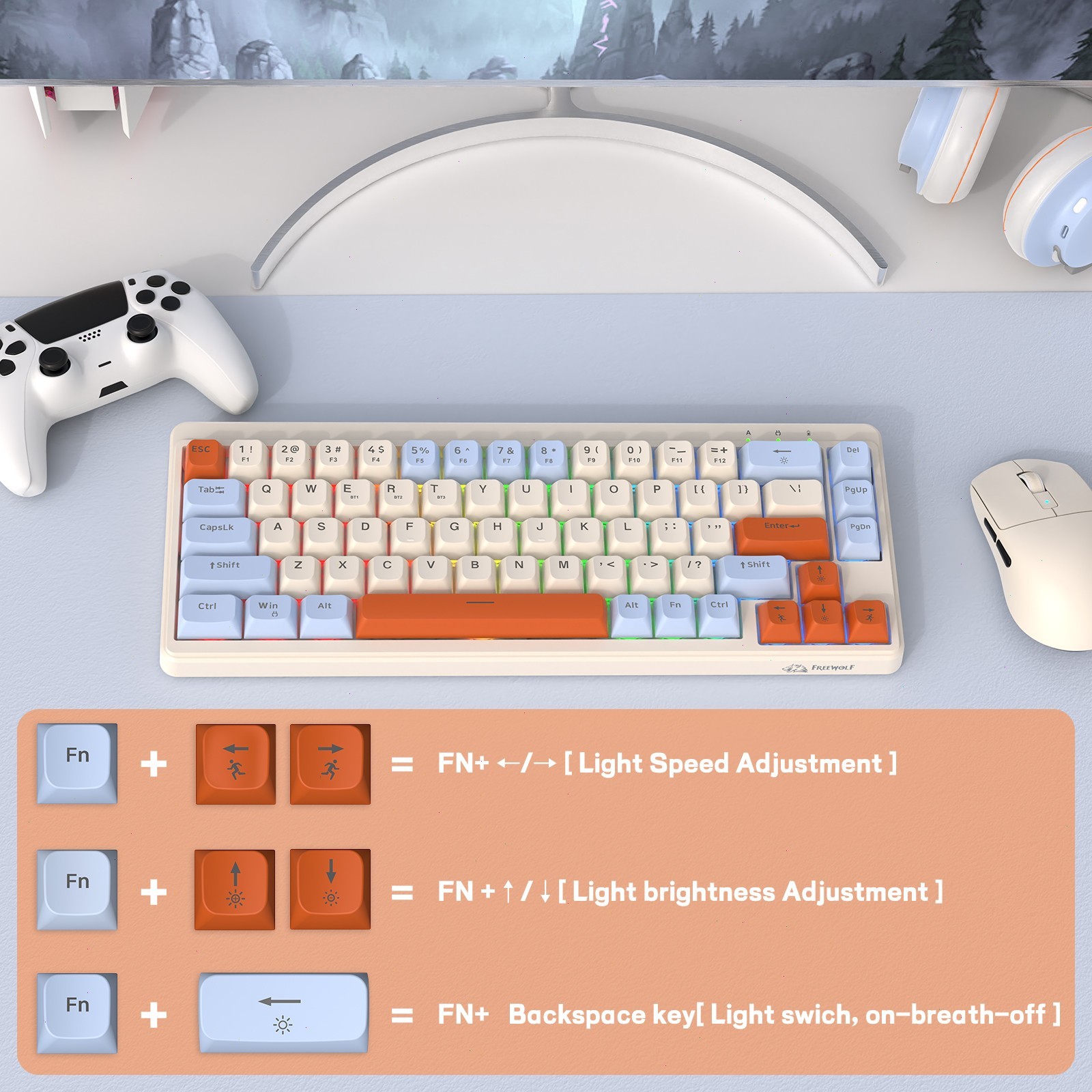 65% Wireless Membrane Gaming Keyboard Rainbow LED Backlit Silent for Win/Mac