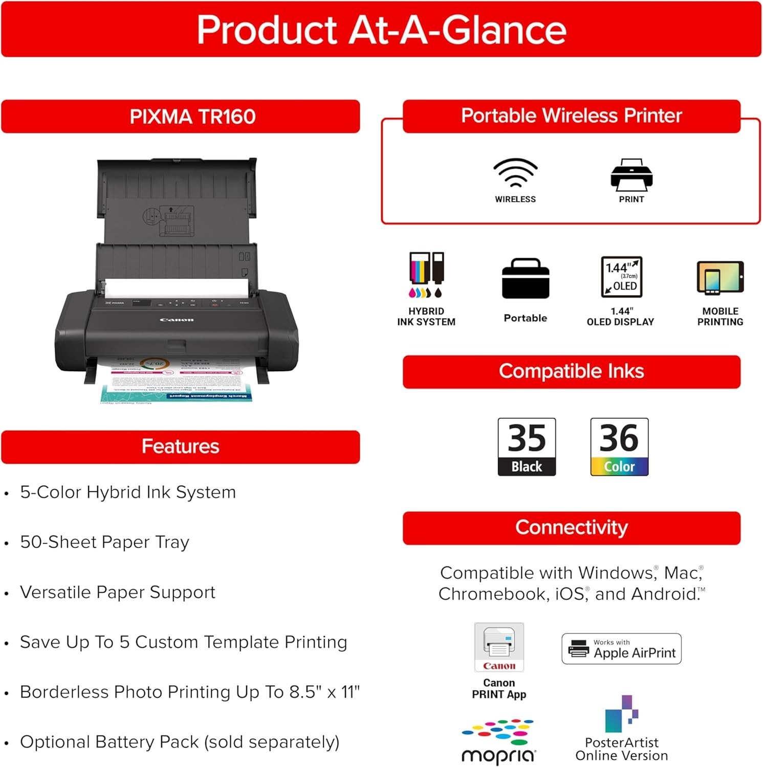 PIXMA TR160 Wireless Portable Printer, 50-Sheet Paper Tray and 1.44″ Display