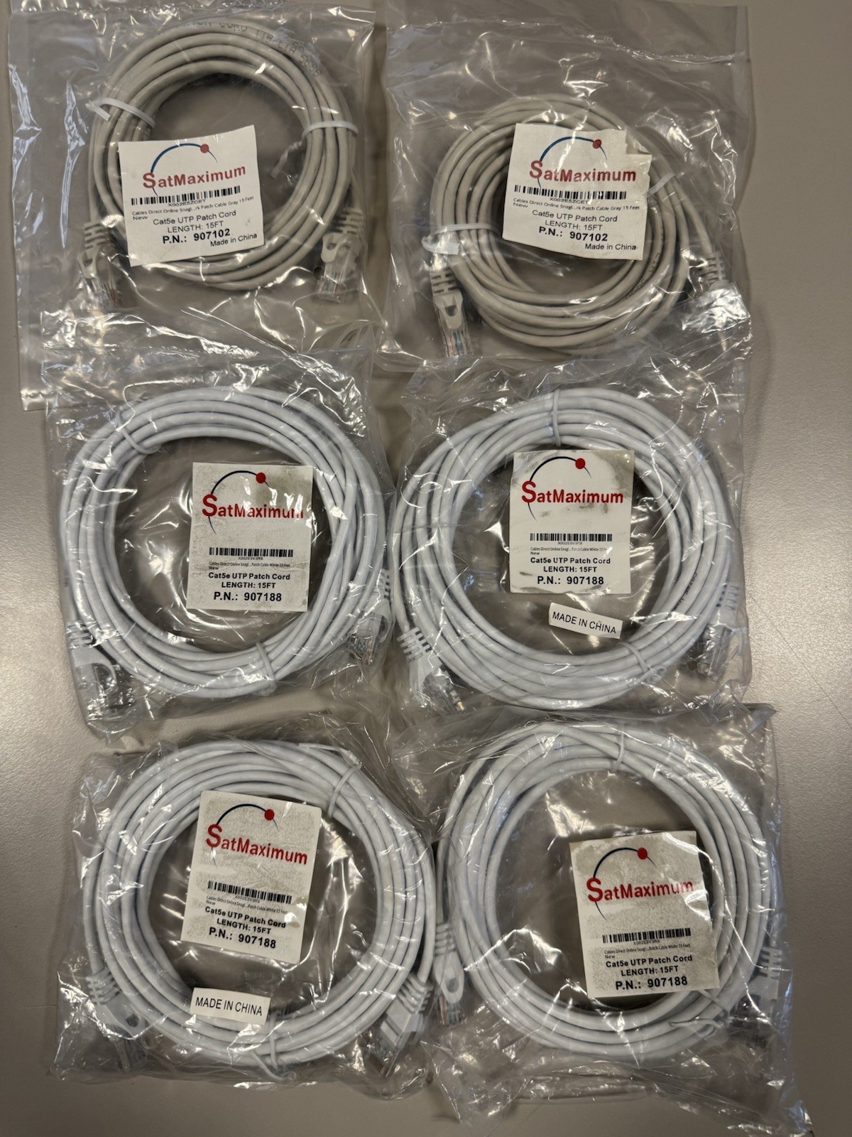 Lot of 6 SatMaximum Cat5e UTP 15ft RJ45 Patch Cables Gray & White