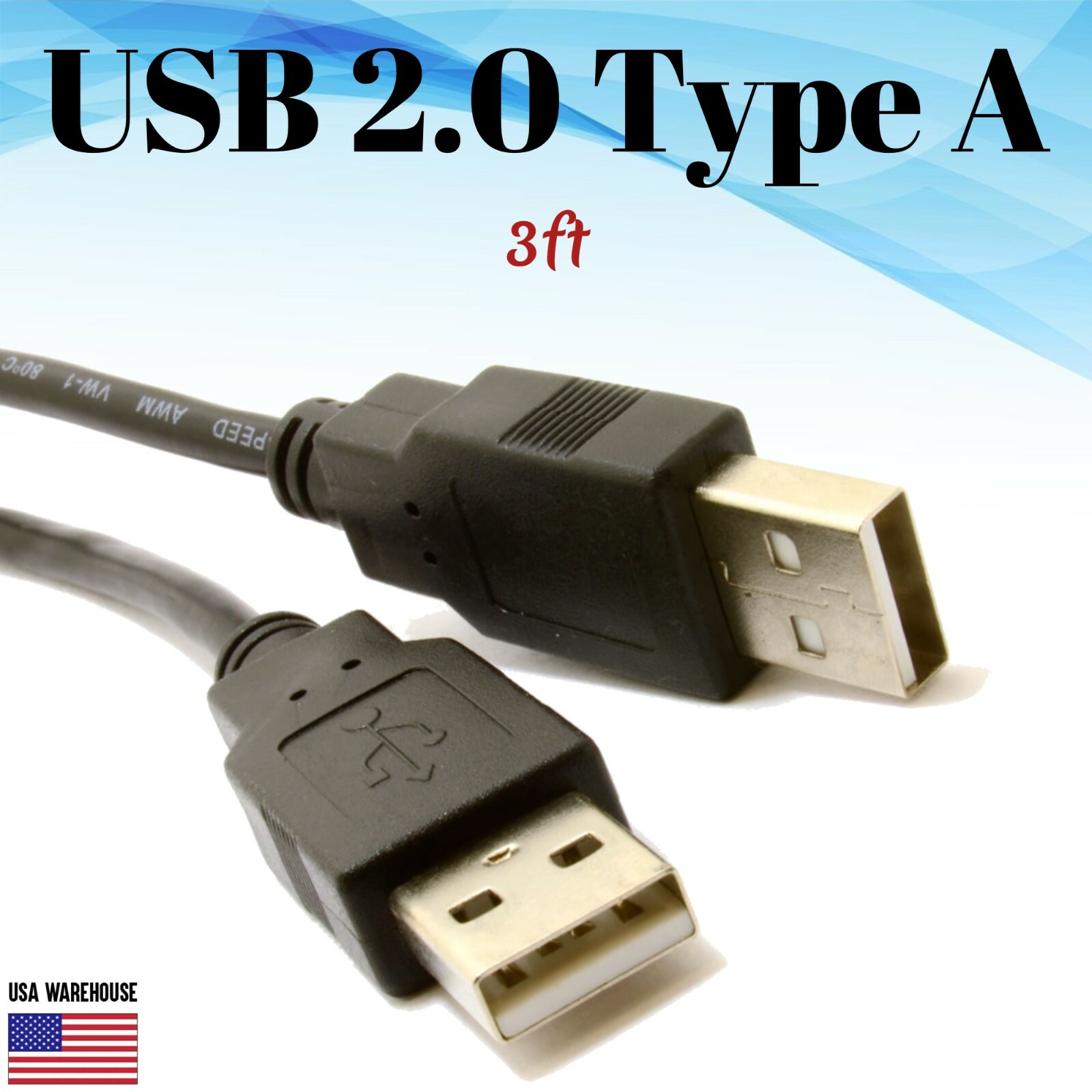 3ft USB 2.0 Type A Male to A Male Black Cable – High Speed Data Transfer Charger