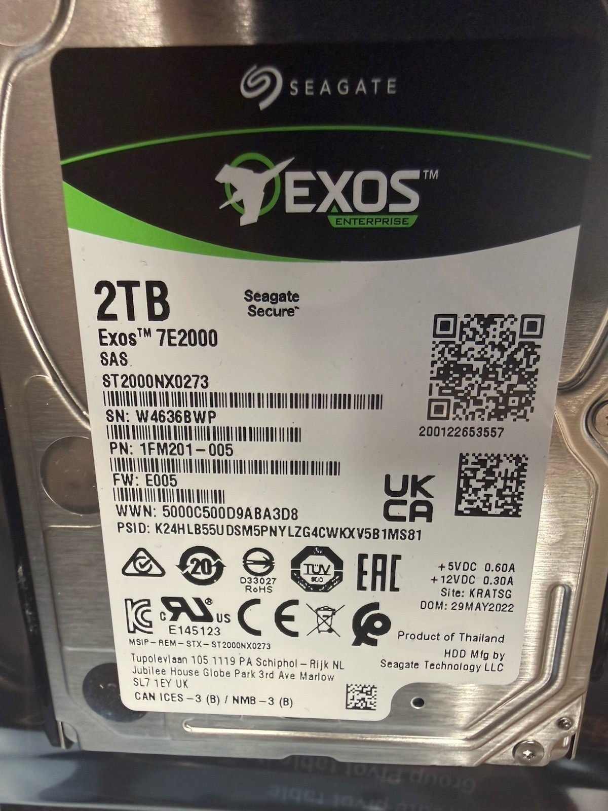 SEAGATE Exos ST2000NX0273 7E2000 2TB 2.5” 7200rpm HARD DRIVE
