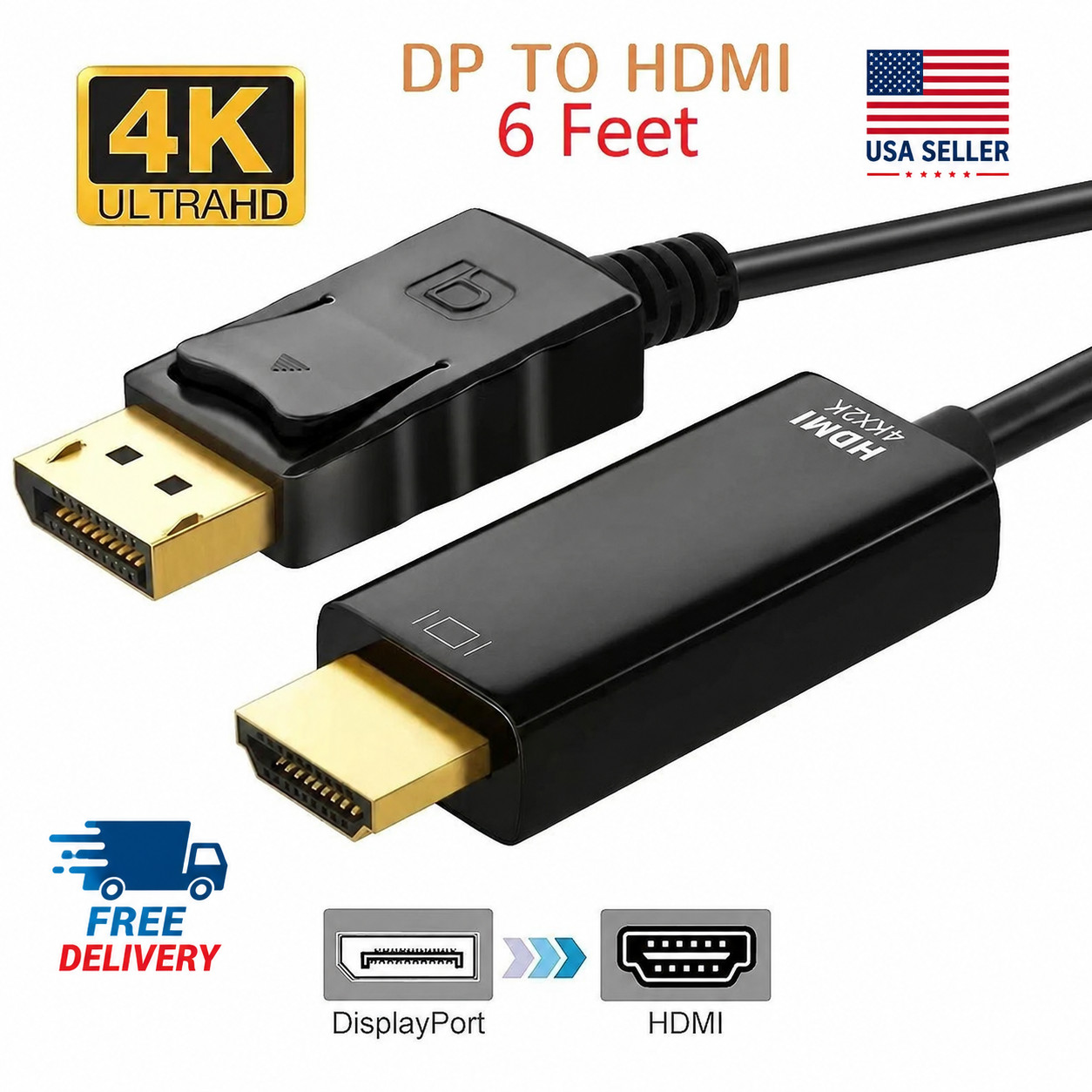 Display Port to HDMI Cable DP Adapter Converter Audio Video PC HDTV 1080P 60Hz