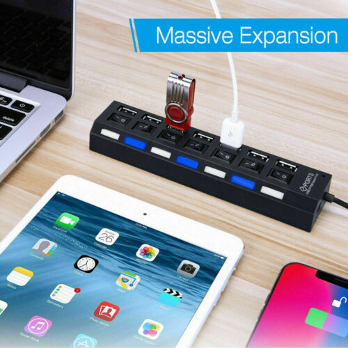 USB Hub 7 Port On/Off Switch High Speed Splitter AC Adapter Cable PC Laptop Lot