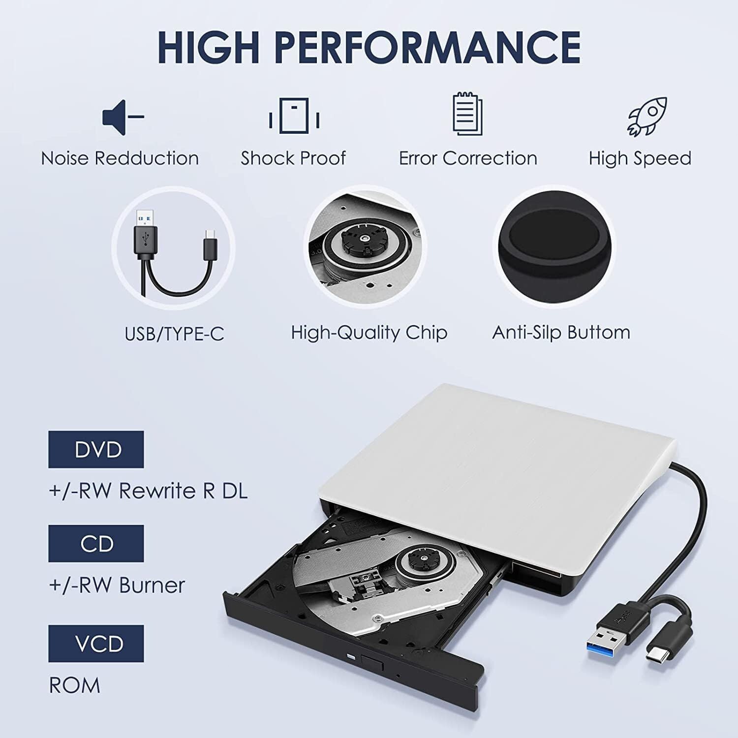 Slim External CD DVD Drive USB 3.0 Disc Player Burner Writer For Laptop PC Mac
