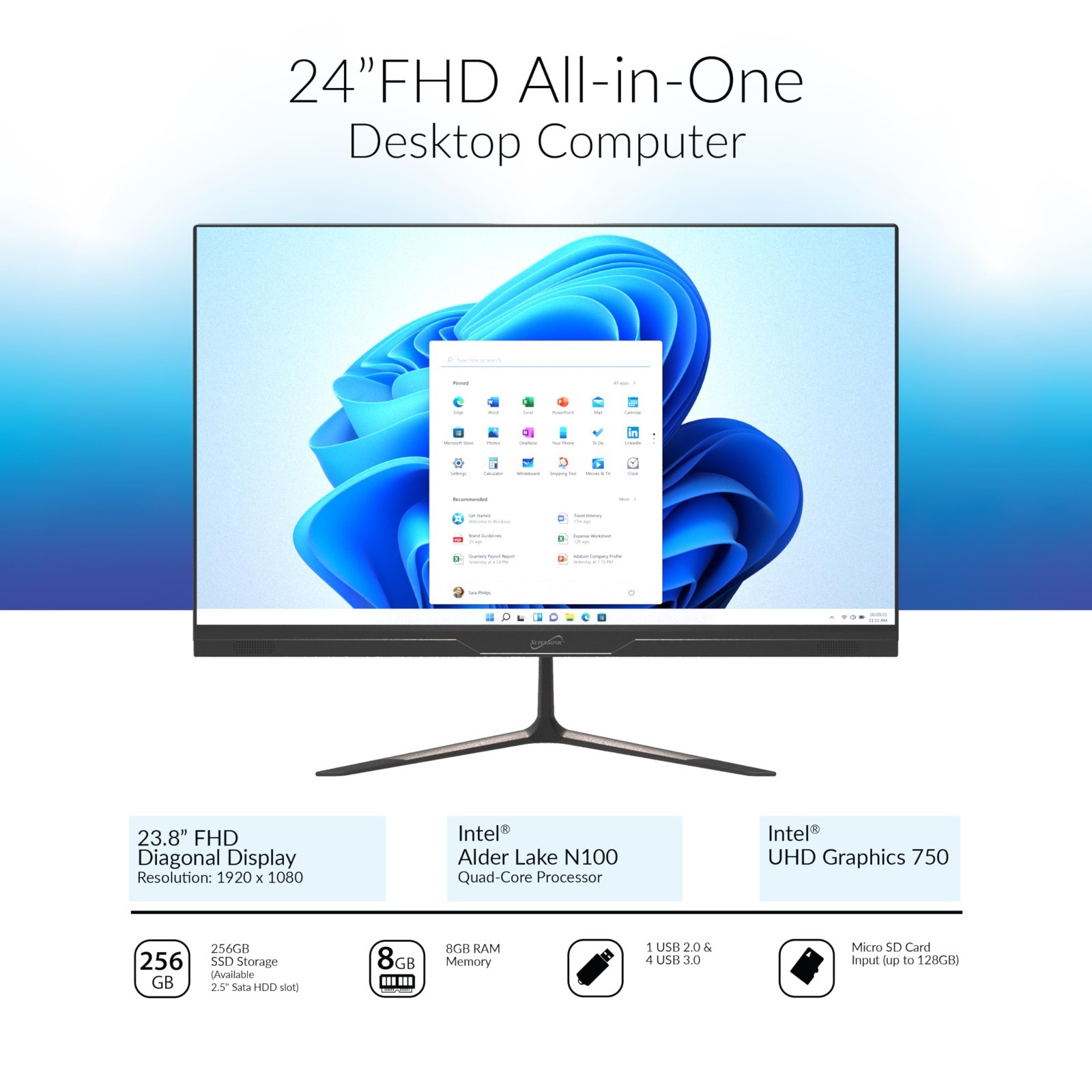 Supersonic 24″ Windows All-In-One Desktop Computer Intel N100 8GB RAM 256GB SSD