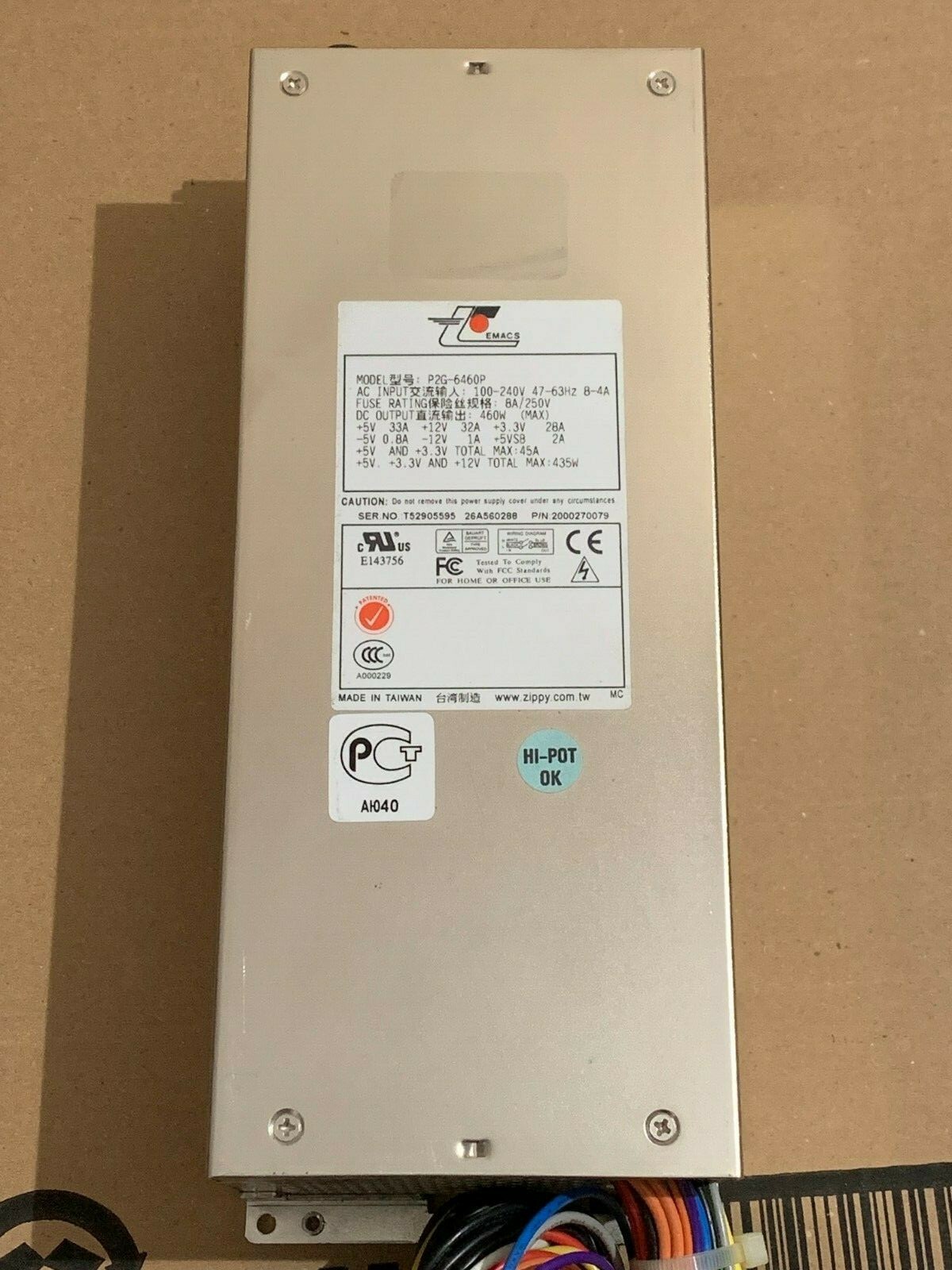 Zippy EMACS P2G-6460P ROHS POWER SUPPLY 100-240V 8A 250V AC P/N B000270070