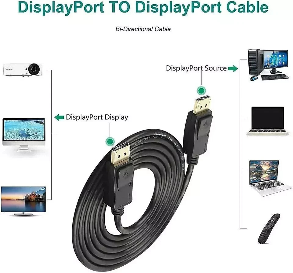 Displayport to Display Port Cable DP Male to Male Cord 4K HD w/ Latches 6ft/10ft