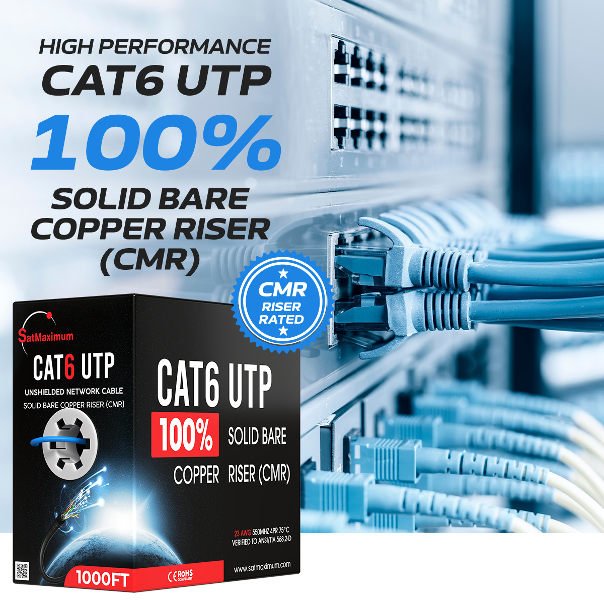 CAT6 ETL CMR Ethernet Cable UTP Solid Copper Wire 23AWG 550MHz 500FT/1000FT LOT