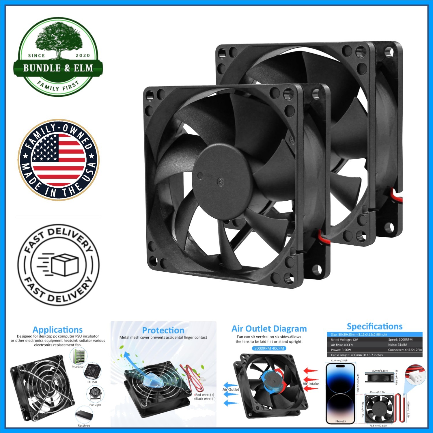 80mm 12V High-Performance Cooling Fan with 2-Pin Connector for Electronics