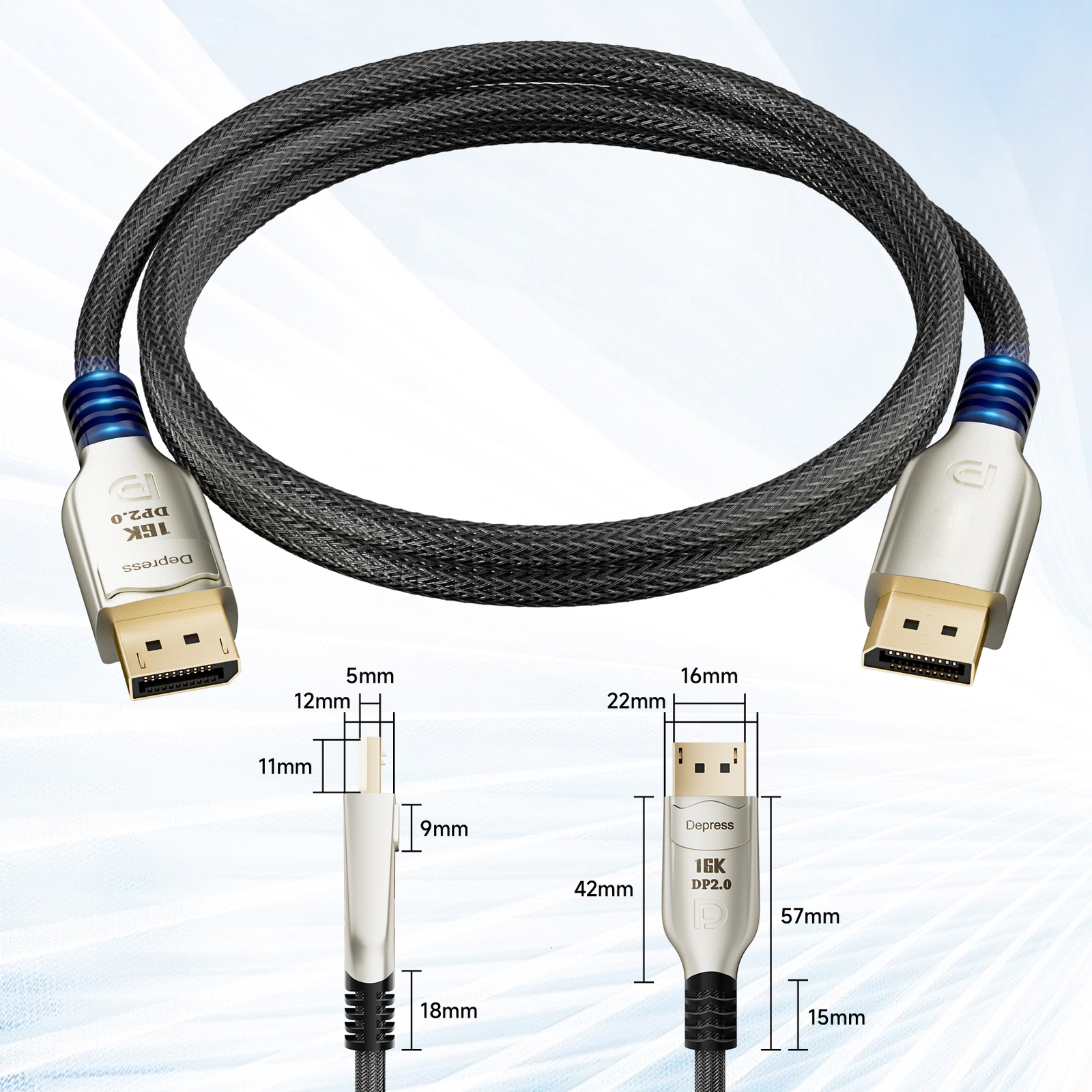 DisplayPort 2.0 Cable 20 Gbps 16K DP 2.0 Cable Male to Male 8K@120Hz 4K@144Hz