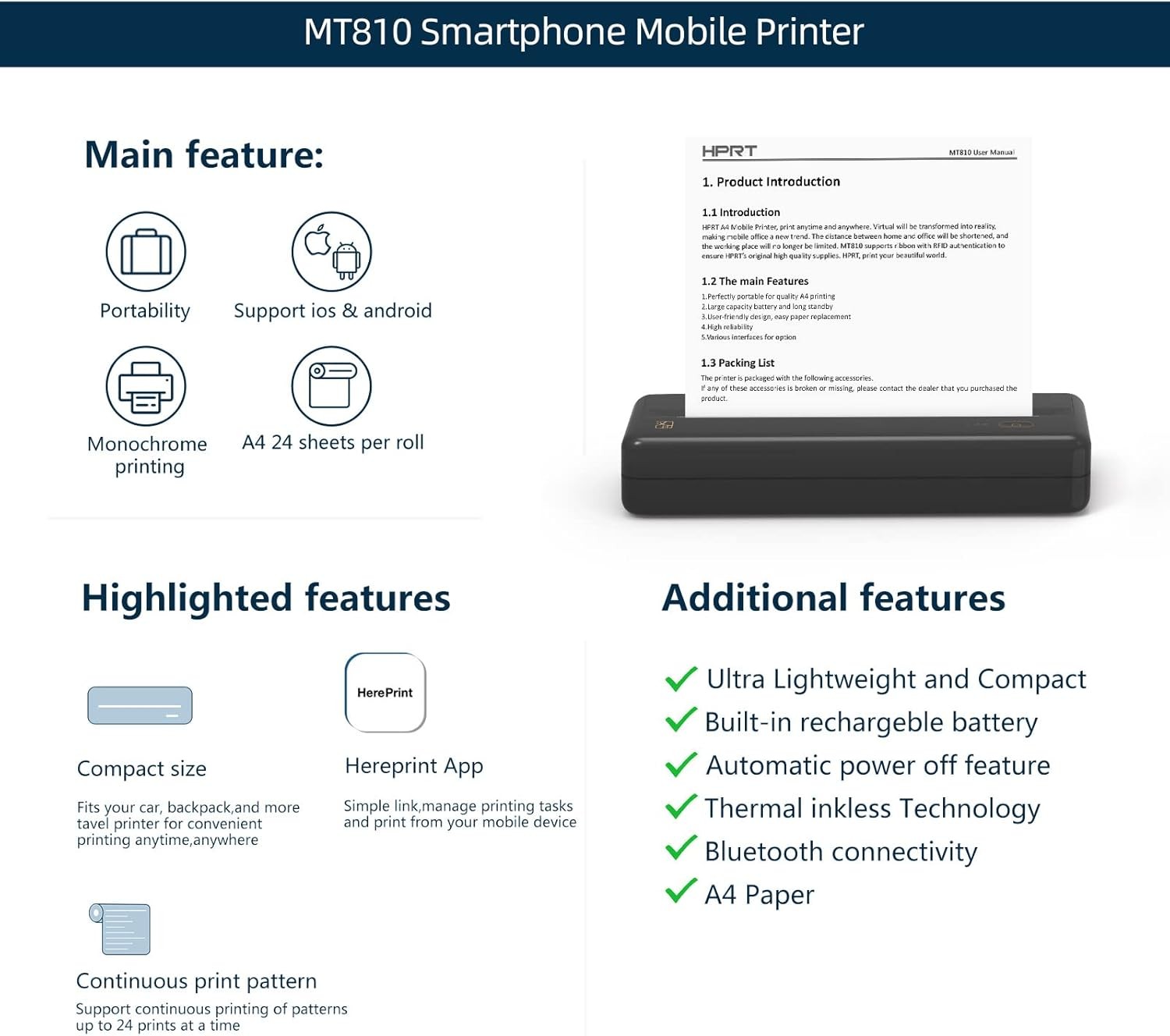 HPRT MT810 Portable Thermal Printer Bluetooth Wireless for Travel Mobile Office