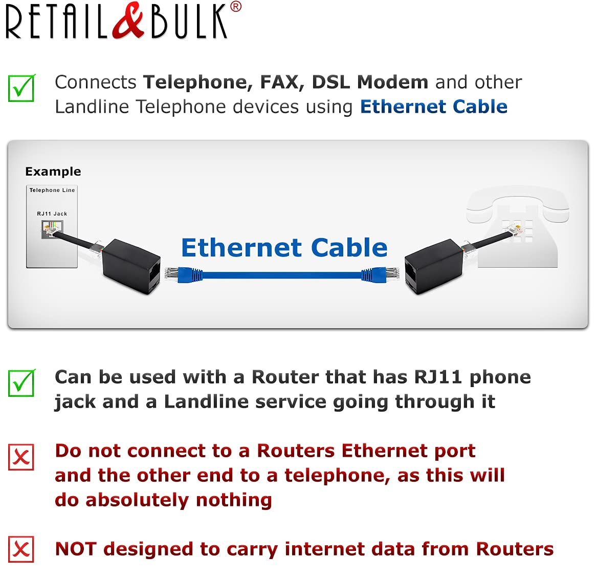 2-Pack RJ11 to RJ45 Adapter Phone Line to Ethernet – RJ45 Female to RJ11 Male fo