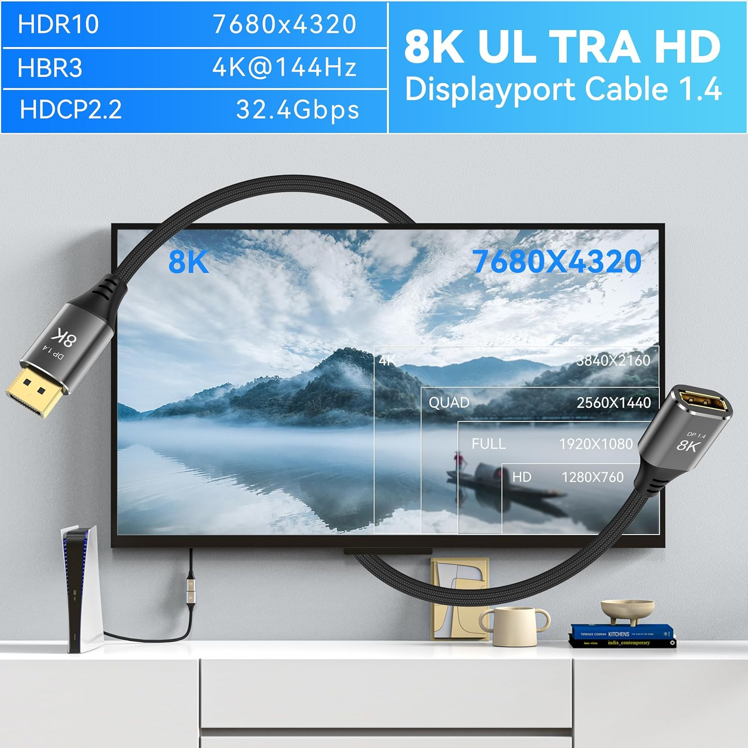 8K Displayport Extension Cable 1.5Feet, Displayport 1.4 Male to Female Extension