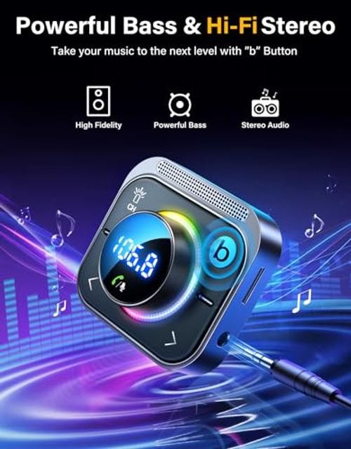 96W FM Transmitter Bluetooth 6.0 Car Adapter Aux with 3 Charging Black