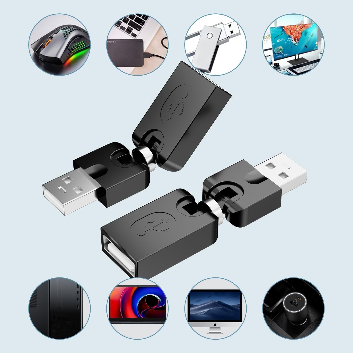 2 PCS 360 Degree Rotating USB 2.0 Adapter Male To Female Swivel Converter