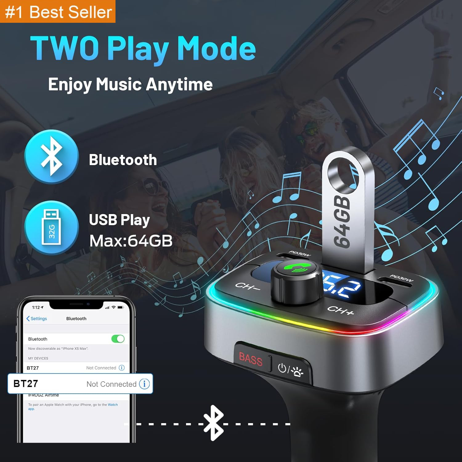 Bluetooth 5.4 Car Adapter 60W Charging USB Bluetooth Adapter for Car,Wireless Fm