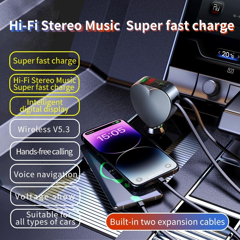  Bluetooth 5.3 Car Adapter with Retractable Fast Charger, FM Transmitter Rad…