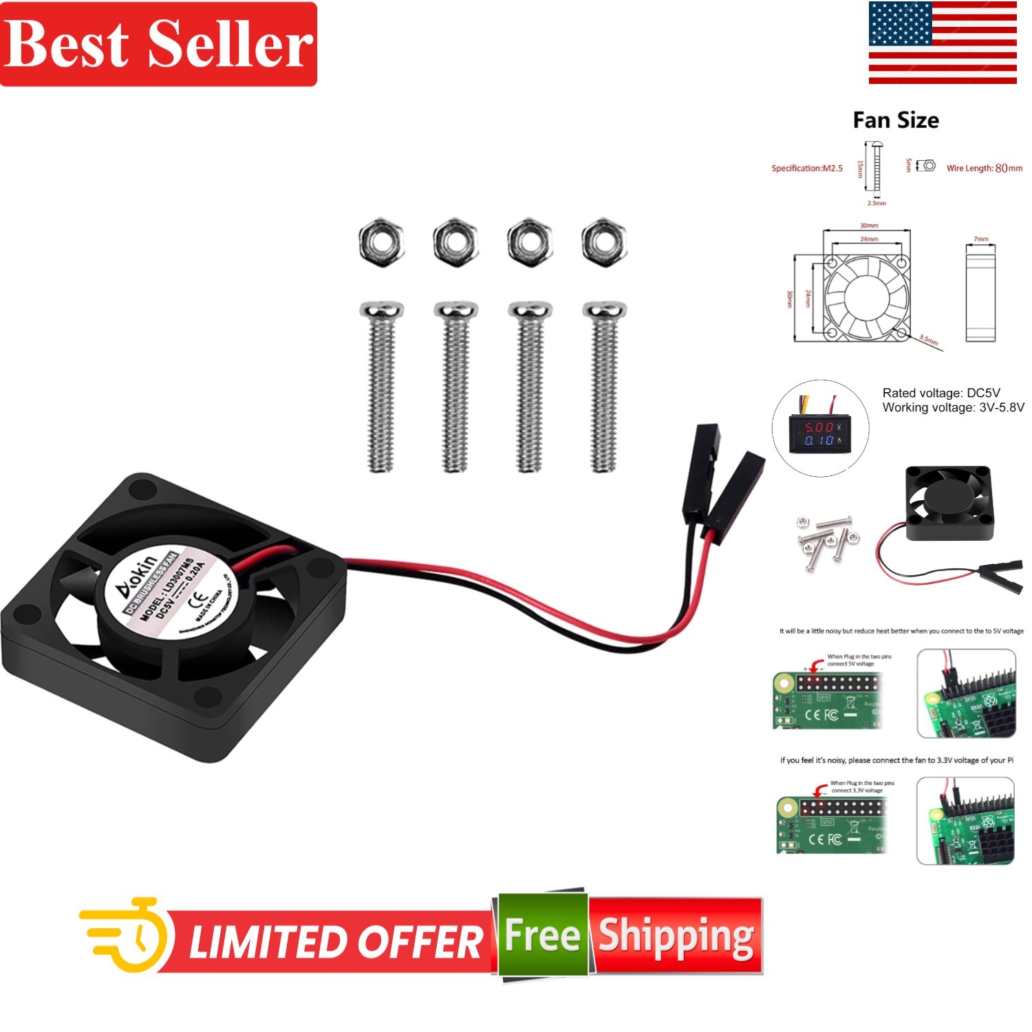 Raspberry Pi Cooling Fan 5V 30x30x7mm Brushless CPU Fan for Pi 4B/3B+/2B/1B+ …