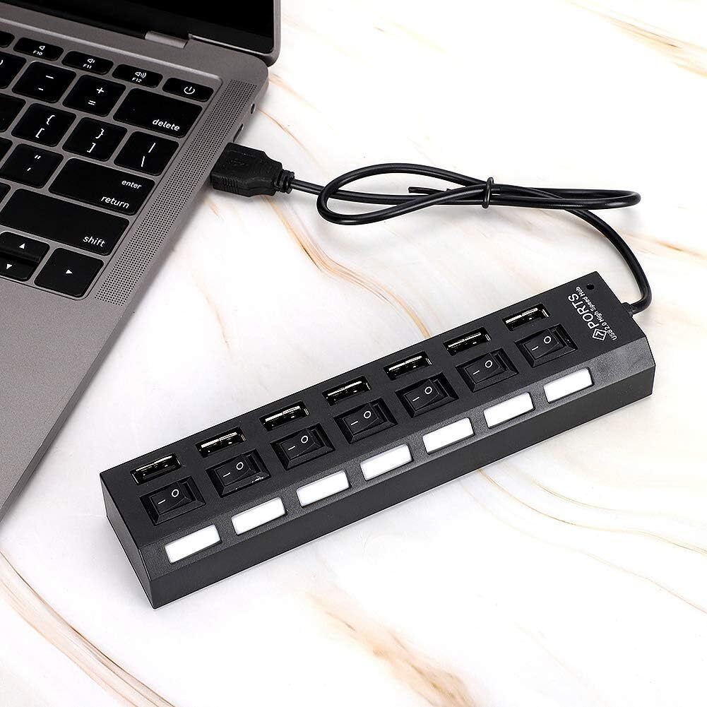 USB Hub 7 Port On/Off Switch High Speed Splitter AC Adapter Cable PC Laptop Lot
