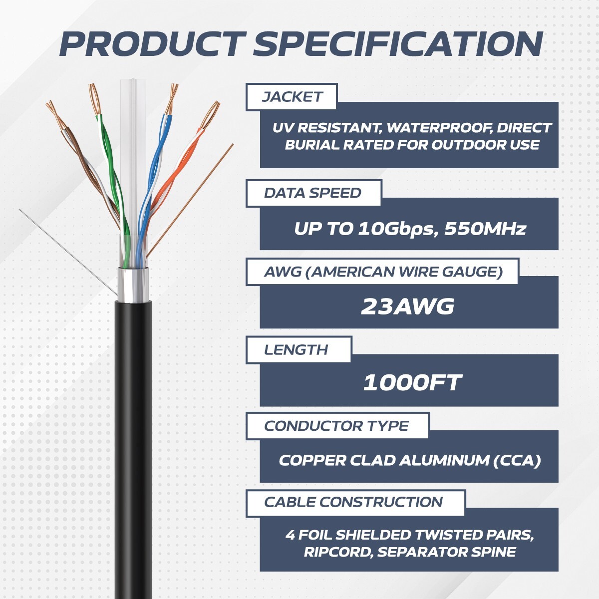 1000ft Cat6 Outdoor Ethernet Cable UV Rated 23AWG UTP Solid Direct Burial Black