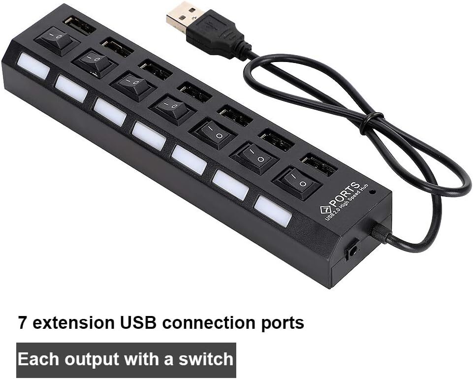 USB Hub 7 Port On/Off Switch High Speed Splitter AC Adapter Cable PC Laptop Lot