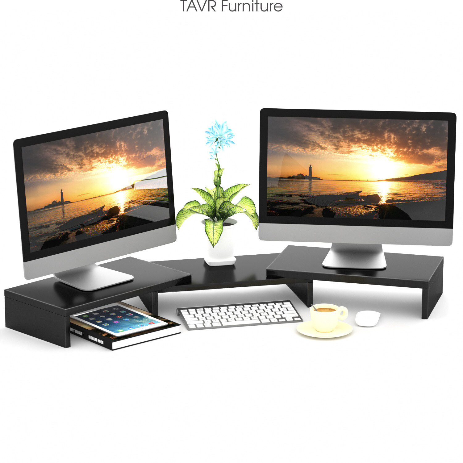 Wood Dual Monitor Desktop Stand Risers with Length and Angle Adjustable 3 Shelf