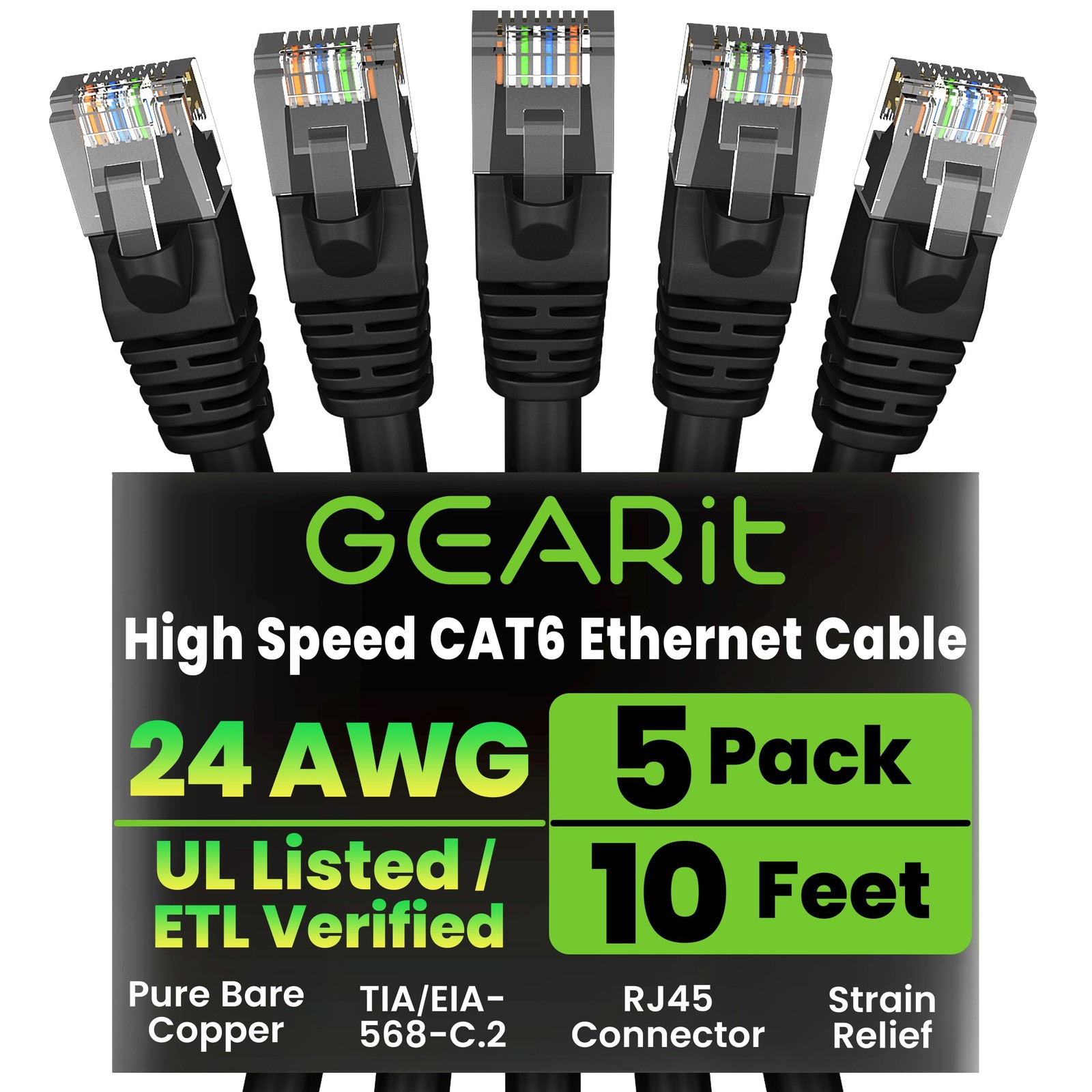 5 PCS Cat 6 Ethernet Patch Cables 10 Ft 10 Gbps Snagless Network Cord Black