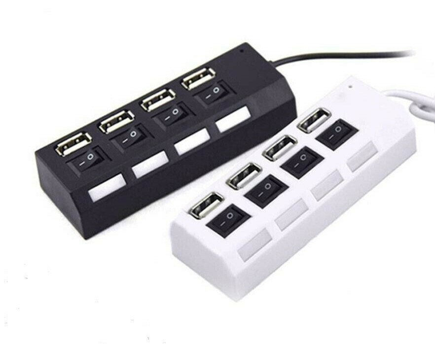 4-Port USB 2.0 Multi Charger Hub High Speed Adapter ON/OFF Switch Laptop/PC