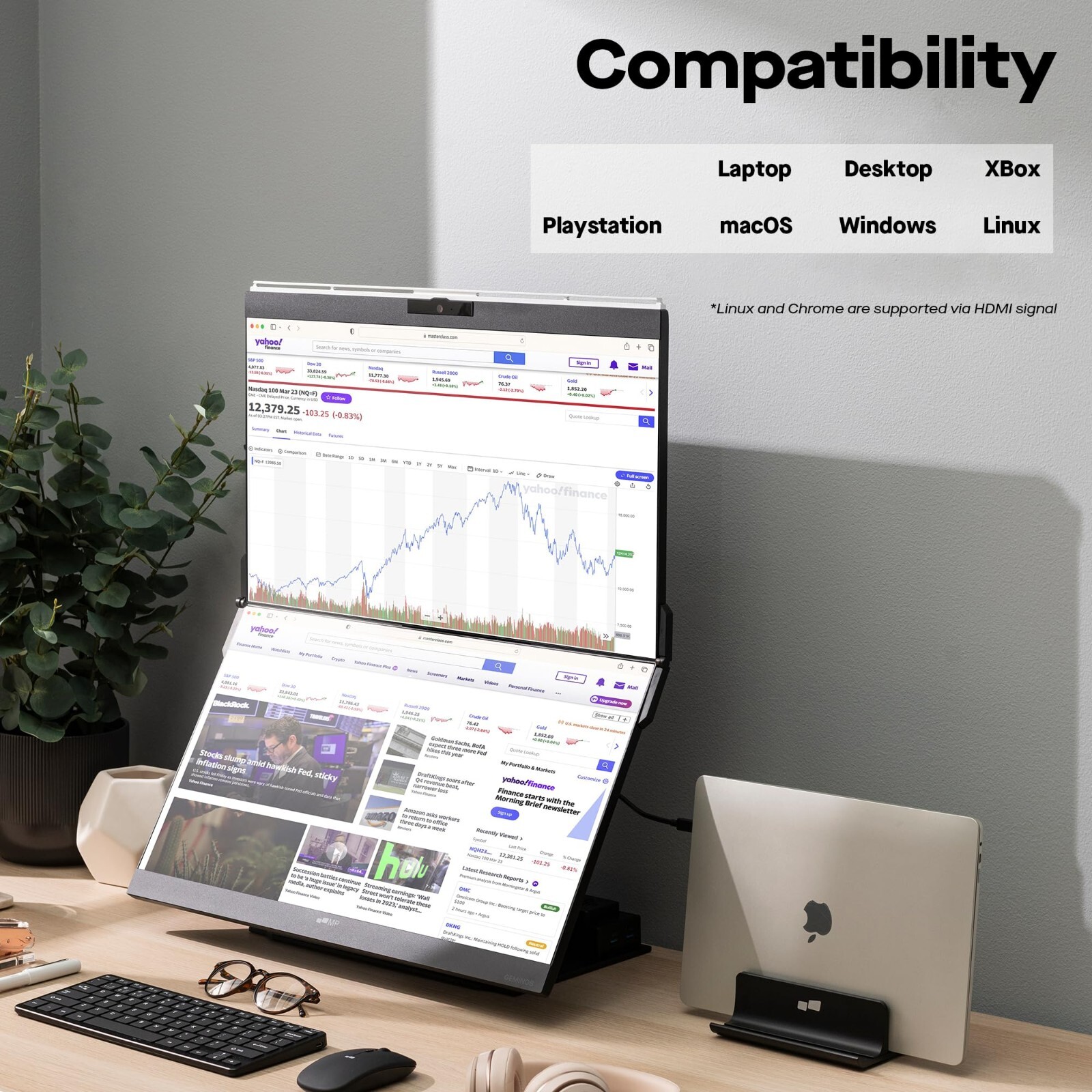 Mobile Pixels Geminos Dual 24″ Stacked Computer Monitors with Webcam&Speakers