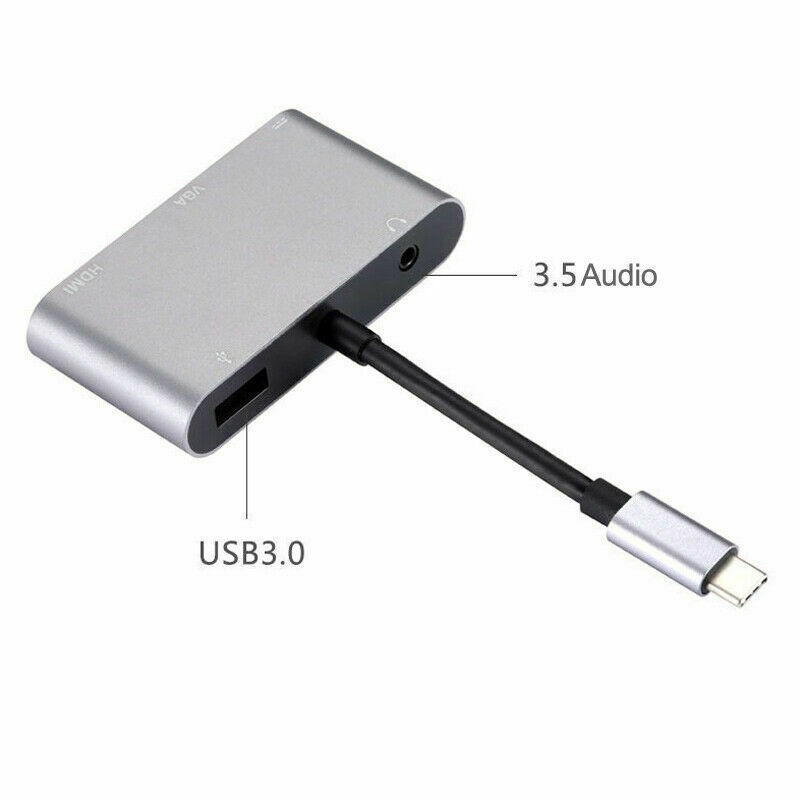 Type C to HDMI/VGA/USB 3.0/3.5mm Audio/USB-C PD Port Adapter 5 in1 Converter Hub